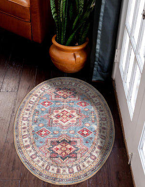 Washable Light Blue 2' x 3' 1 Timeless Oval Area Rug Easy to Clean Stain Resistant & Durable Traditional Classic Vintage Design Carpet for Sale at Rug Engine