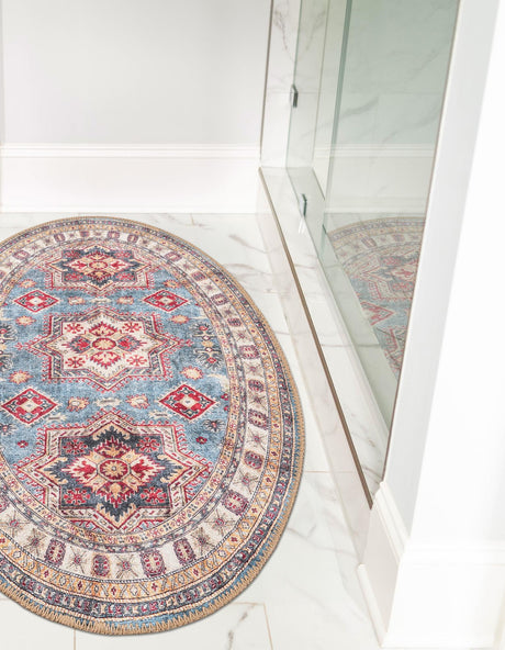 Washable Light Blue 2' x 3' 1 Timeless Oval Area Rug Easy to Clean Stain Resistant & Durable Traditional Classic Vintage Design Carpet for Sale at Rug Engine