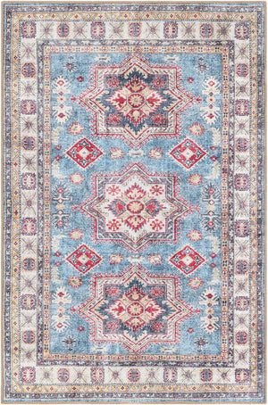 Washable Light Blue 4' 1 x 6' 1 Timeless Rectangle Area Rug Easy to Clean Stain Resistant & Durable Traditional Classic Vintage Design Carpet for Sale at Rug Engine