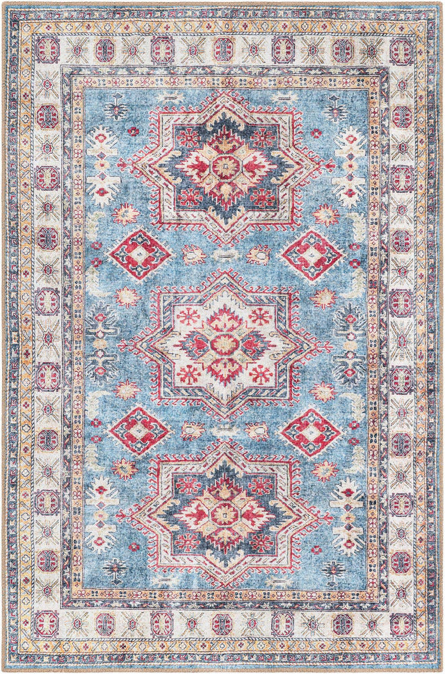 Washable Light Blue 4' 1 x 6' 1 Timeless Rectangle Area Rug Easy to Clean Stain Resistant & Durable Traditional Classic Vintage Design Carpet for Sale at Rug Engine