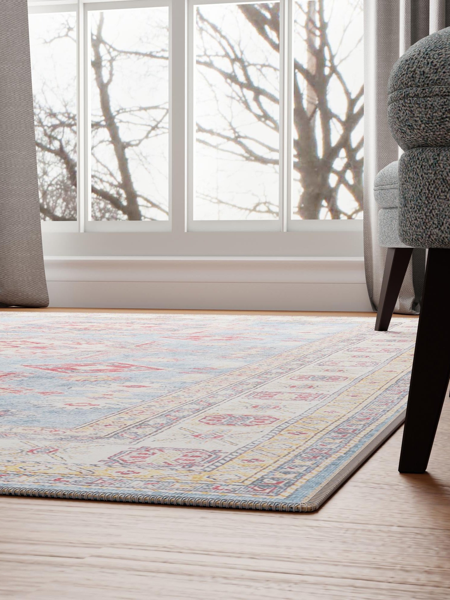 Washable Light Blue 9' 5 x 13' 1 Timeless Rectangle Area Rug Easy to Clean Stain Resistant & Durable Traditional Classic Vintage Design Carpet for Sale at Rug Engine