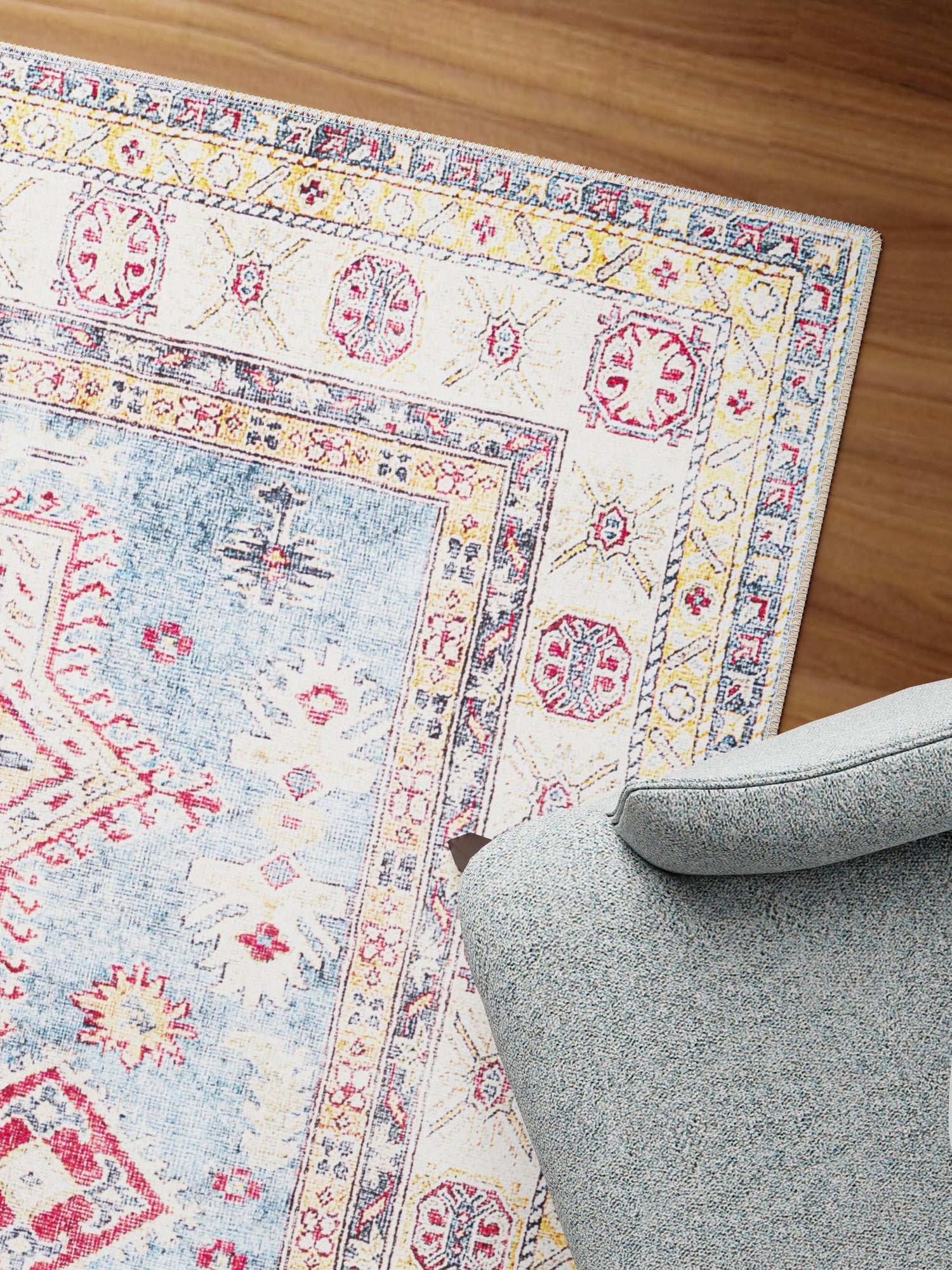 Washable Light Blue 4' 1 x 6' 1 Timeless Rectangle Area Rug Easy to Clean Stain Resistant & Durable Traditional Classic Vintage Design Carpet for Sale at Rug Engine
