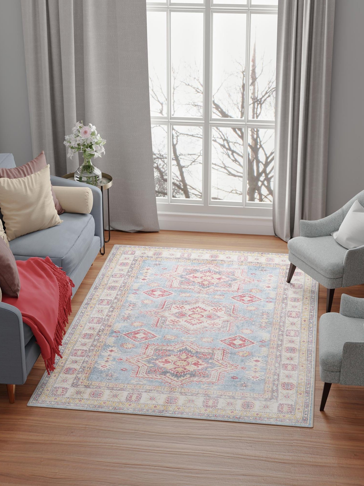 Washable Light Blue 2' x 3' 1 Timeless Rectangle Area Rug Easy to Clean Stain Resistant & Durable Traditional Classic Vintage Design Carpet for Sale at Rug Engine