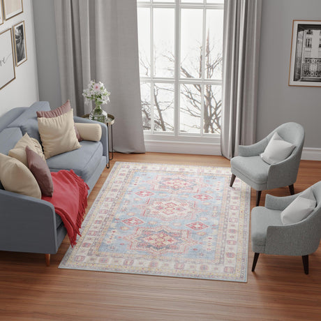 Washable Light Blue 2' x 3' 1 Timeless Rectangle Area Rug Easy to Clean Stain Resistant & Durable Traditional Classic Vintage Design Carpet for Sale at Rug Engine