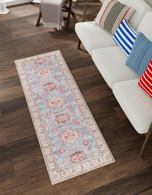 Washable Light Blue 2' 7 x 10' Timeless Runner Area Rug Easy to Clean Stain Resistant & Durable Traditional Classic Vintage Design Carpet for Sale at Rug Engine