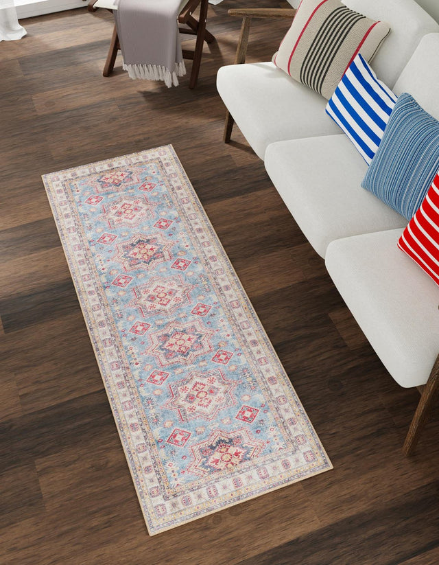 Washable Light Blue 2' x 8' Timeless Runner Area Rug Easy to Clean Stain Resistant & Durable Traditional Classic Vintage Design Carpet for Sale at Rug Engine