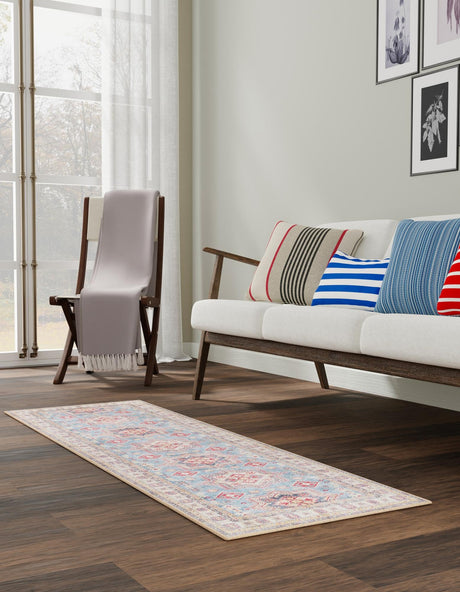 Washable Light Blue 2' x 8' Timeless Runner Area Rug Easy to Clean Stain Resistant & Durable Traditional Classic Vintage Design Carpet for Sale at Rug Engine