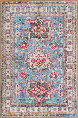 Washable Light Blue 6' 1 x 9' Timeless Rectangle Area Rug Easy to Clean Stain Resistant & Durable Traditional Classic Vintage Design Carpet for Sale at Rug Engine