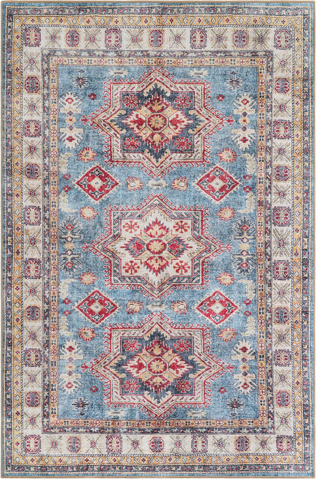 Washable Light Blue 6' 1 x 9' Timeless Rectangle Area Rug Easy to Clean Stain Resistant & Durable Traditional Classic Vintage Design Carpet for Sale at Rug Engine