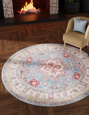 Washable Light Blue 3' 6 x 3' 6 Timeless Round Area Rug Easy to Clean Stain Resistant & Durable Traditional Classic Vintage Design Carpet for Sale at Rug Engine