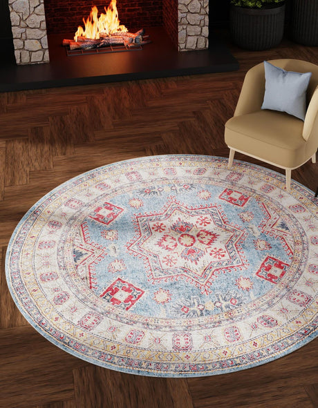 Washable Light Blue 3' 6 x 3' 6 Timeless Round Area Rug Easy to Clean Stain Resistant & Durable Traditional Classic Vintage Design Carpet for Sale at Rug Engine
