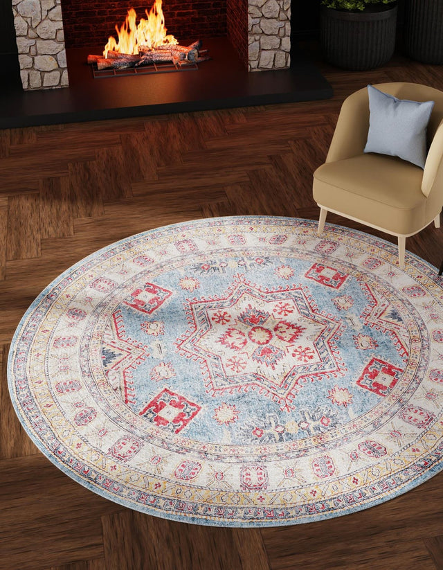 Washable Light Blue 5' 1 x 5' 1 Timeless Round Area Rug Easy to Clean Stain Resistant & Durable Traditional Classic Vintage Design Carpet for Sale at Rug Engine