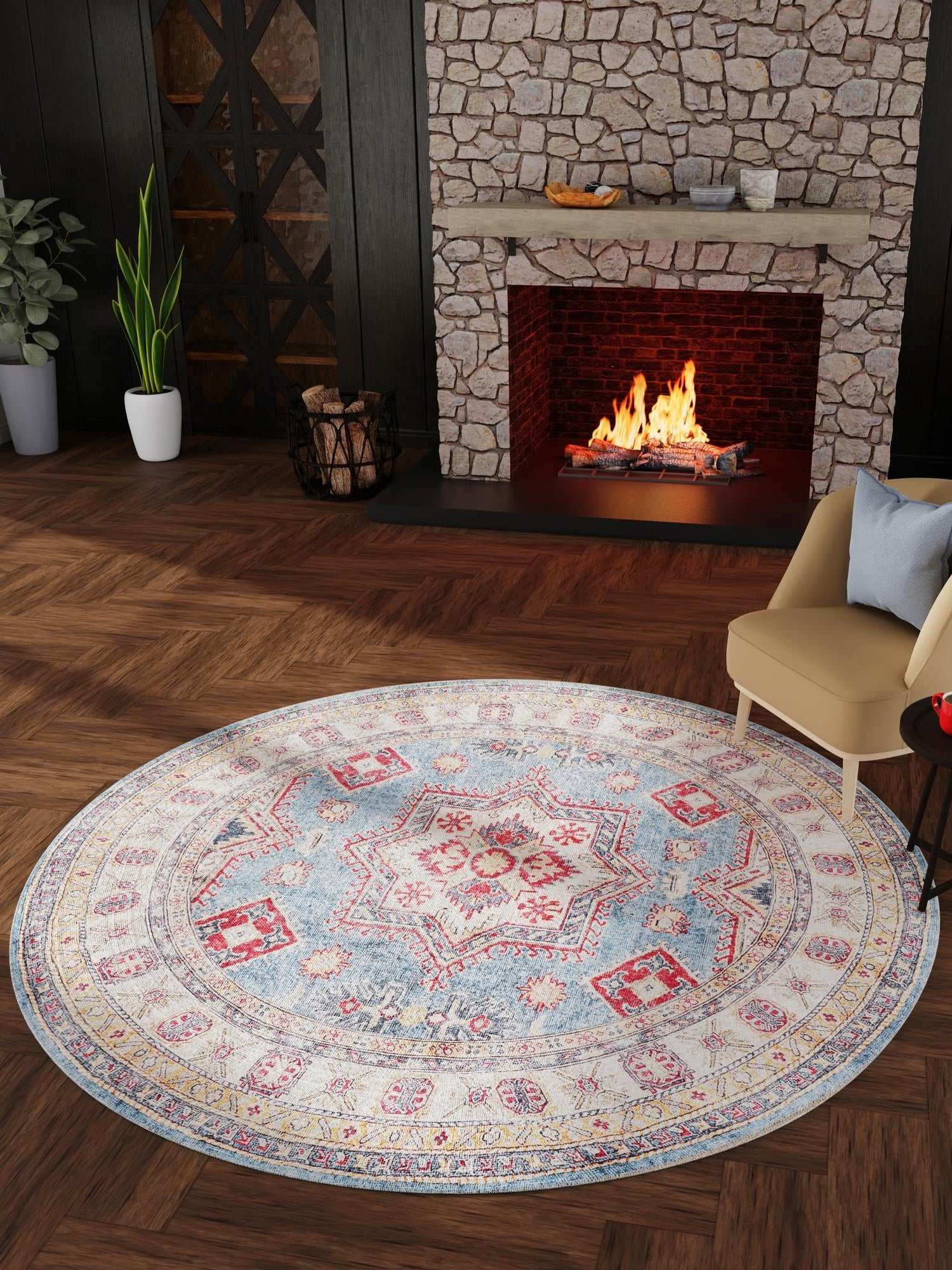 Washable Light Blue 5' 1 x 5' 1 Timeless Round Area Rug Easy to Clean Stain Resistant & Durable Traditional Classic Vintage Design Carpet for Sale at Rug Engine