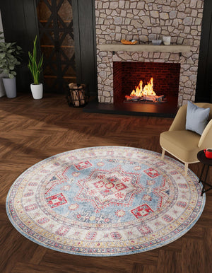 Washable Light Blue 2' x 2' Timeless Round Area Rug Easy to Clean Stain Resistant & Durable Traditional Classic Vintage Design Carpet for Sale at Rug Engine