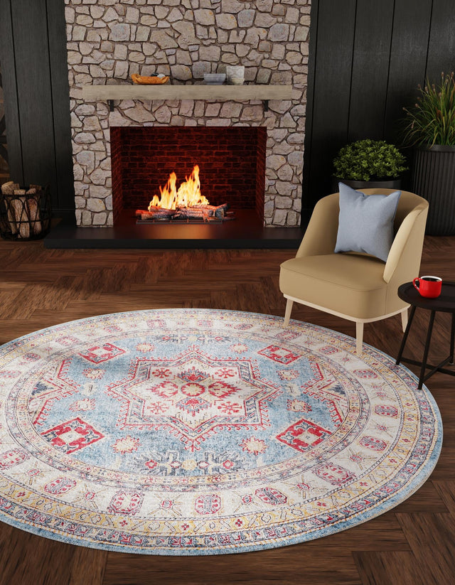 Washable Light Blue 3' 6 x 3' 6 Timeless Round Area Rug Easy to Clean Stain Resistant & Durable Traditional Classic Vintage Design Carpet for Sale at Rug Engine