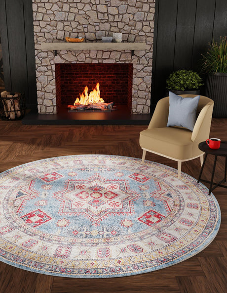Washable Light Blue 2' x 2' Timeless Round Area Rug Easy to Clean Stain Resistant & Durable Traditional Classic Vintage Design Carpet for Sale at Rug Engine