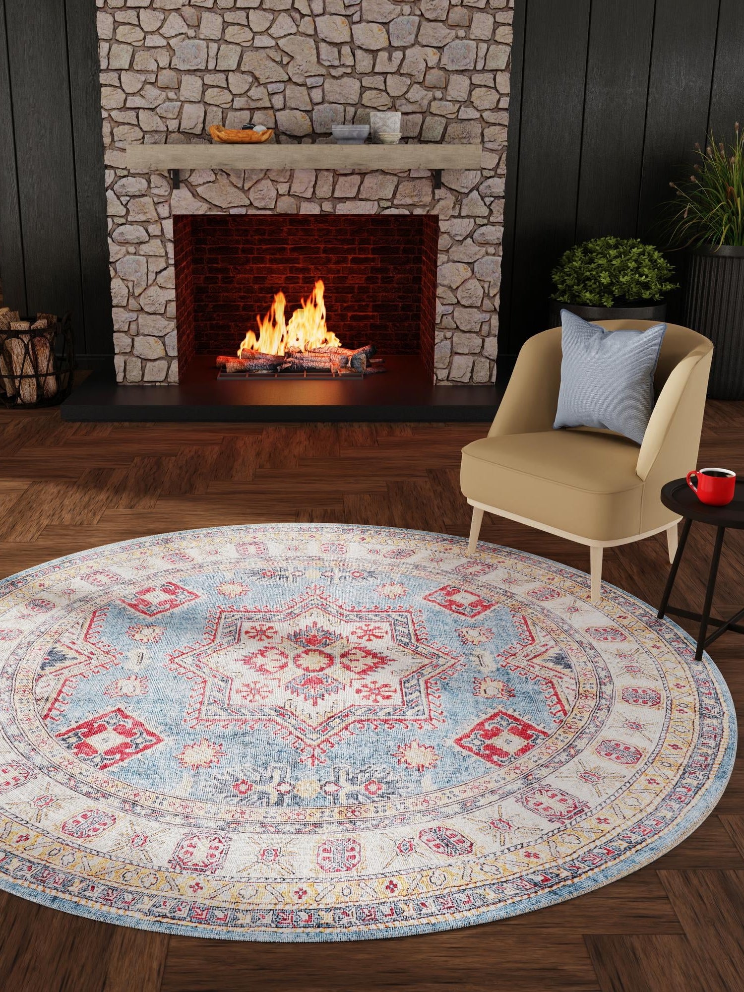 Washable Light Blue 7' 10 x 7' 10 Timeless Round Area Rug Easy to Clean Stain Resistant & Durable Traditional Classic Vintage Design Carpet for Sale at Rug Engine