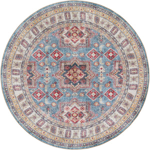 Washable Light Blue 7' 10 x 7' 10 Timeless Round Area Rug Easy to Clean Stain Resistant & Durable Traditional Classic Vintage Design Carpet for Sale at Rug Engine