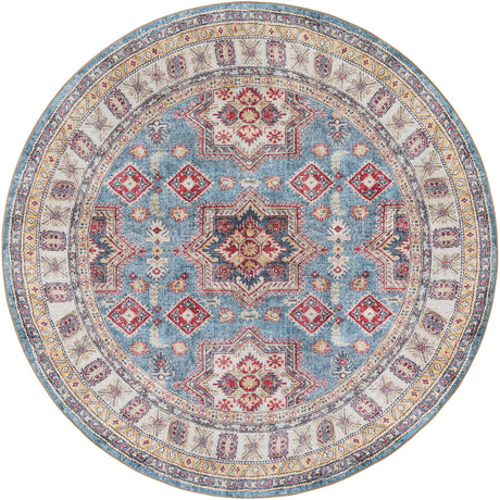 Washable Light Blue 7' 10 x 7' 10 Timeless Round Area Rug Easy to Clean Stain Resistant & Durable Traditional Classic Vintage Design Carpet for Sale at Rug Engine