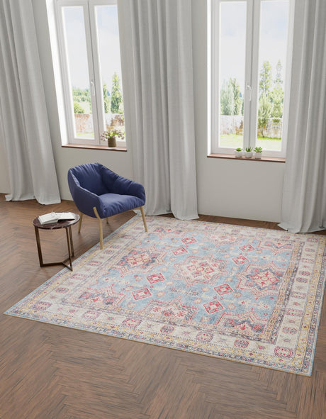 Washable Light Blue 7' 10 x 7' 10 Timeless Square Area Rug Easy to Clean Stain Resistant & Durable Traditional Classic Vintage Design Carpet for Sale at Rug Engine