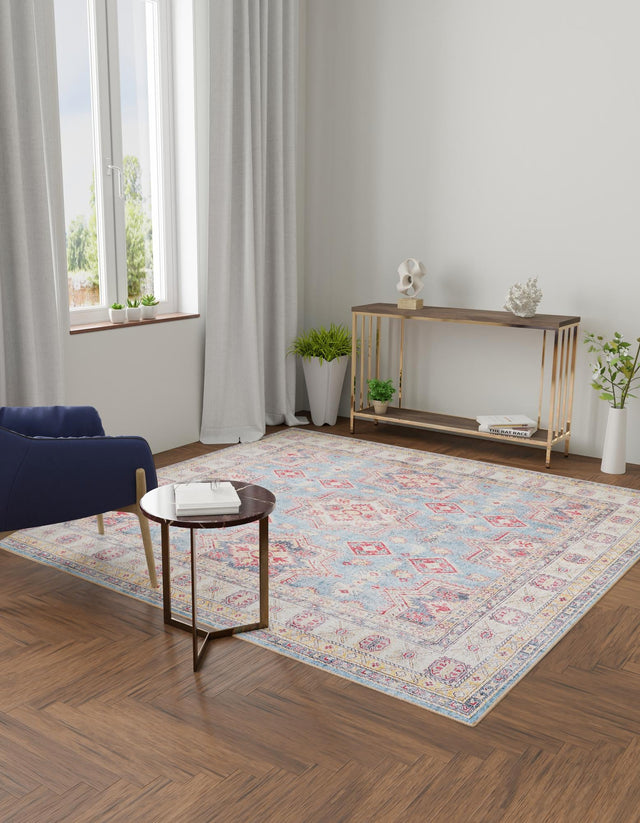 Washable Light Blue 7' 10 x 7' 10 Timeless Square Area Rug Easy to Clean Stain Resistant & Durable Traditional Classic Vintage Design Carpet for Sale at Rug Engine