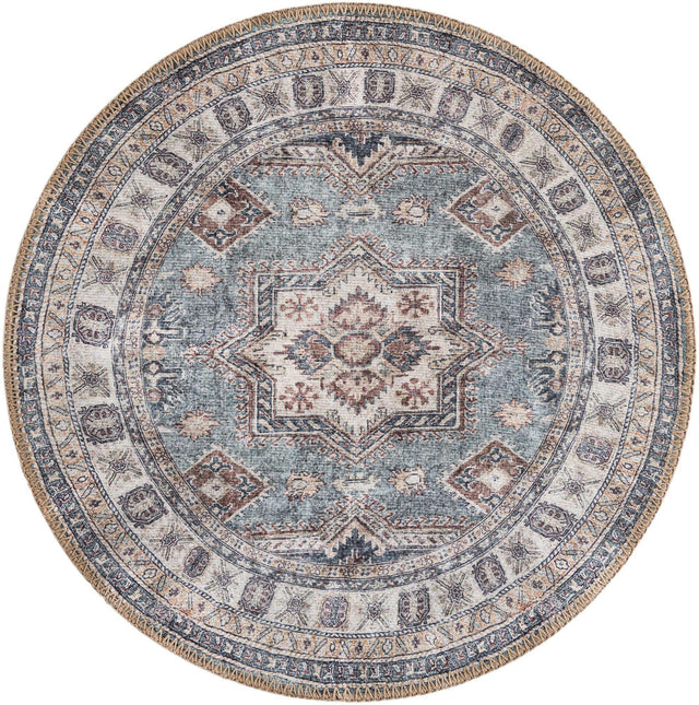 Washable Soft Green 2' x 2' Timeless Round Area Rug Easy to Clean Stain Resistant & Durable Traditional Classic Vintage Design Carpet for Sale at Rug Engine