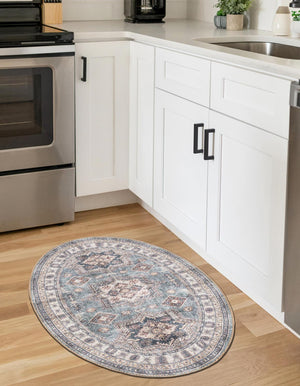 Washable Soft Green 2' x 3' 1 Timeless Oval Area Rug Easy to Clean Stain Resistant & Durable Traditional Classic Vintage Design Carpet for Sale at Rug Engine
