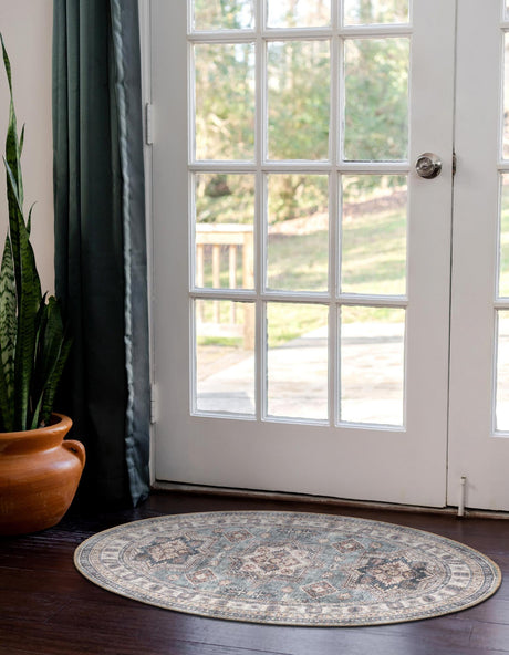 Washable Soft Green 2' x 3' 1 Timeless Oval Area Rug Easy to Clean Stain Resistant & Durable Traditional Classic Vintage Design Carpet for Sale at Rug Engine