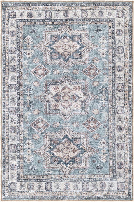 Washable Soft Green 4' 1 x 6' 1 Timeless Rectangle Area Rug Easy to Clean Stain Resistant & Durable Traditional Classic Vintage Design Carpet for Sale at Rug Engine