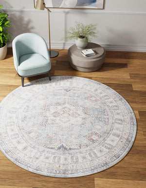 Washable Soft Green 7' 10 x 7' 10 Timeless Round Area Rug Easy to Clean Stain Resistant & Durable Traditional Classic Vintage Design Carpet for Sale at Rug Engine