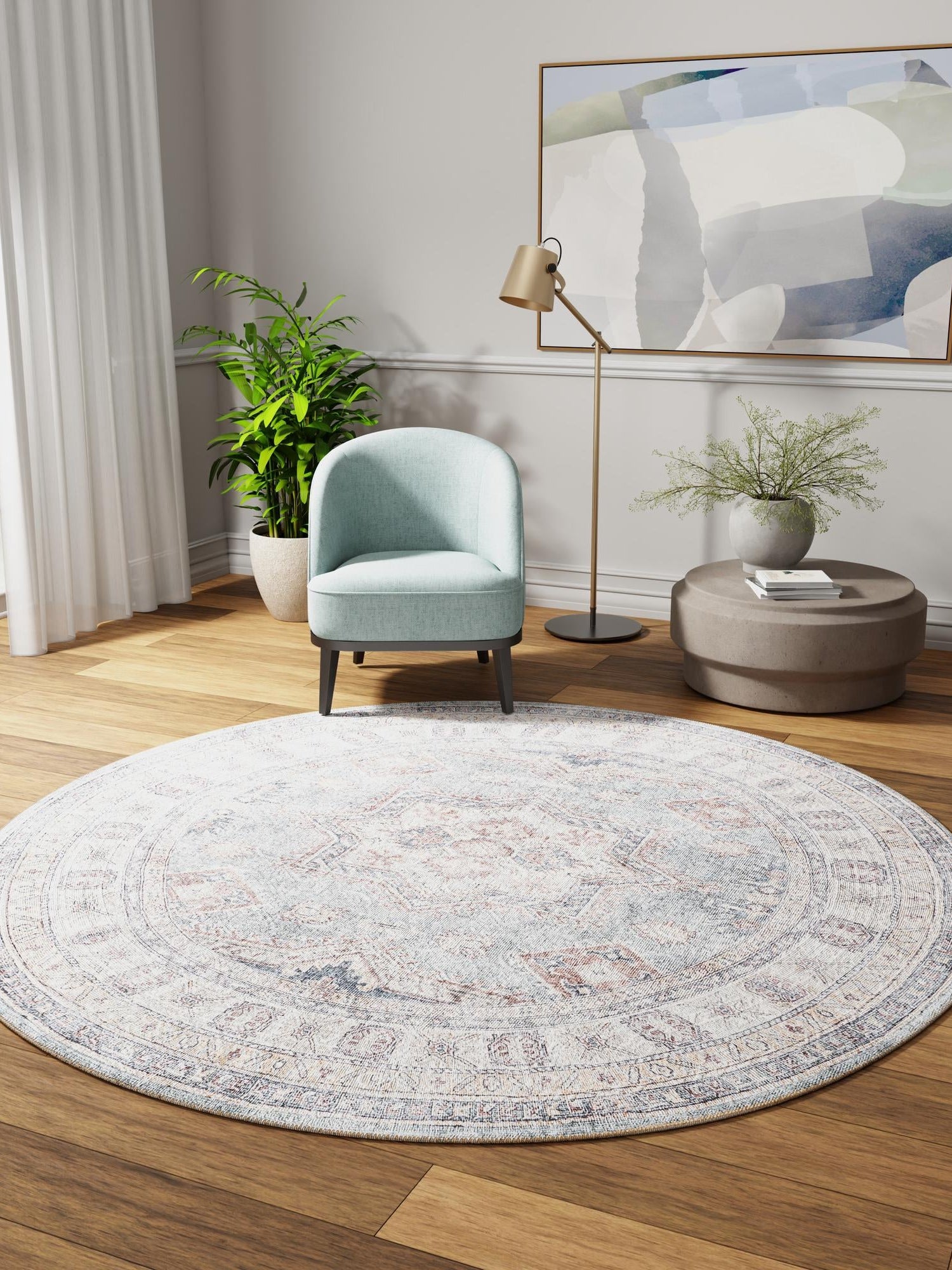 Washable Soft Green 7' 10 x 7' 10 Timeless Round Area Rug Easy to Clean Stain Resistant & Durable Traditional Classic Vintage Design Carpet for Sale at Rug Engine