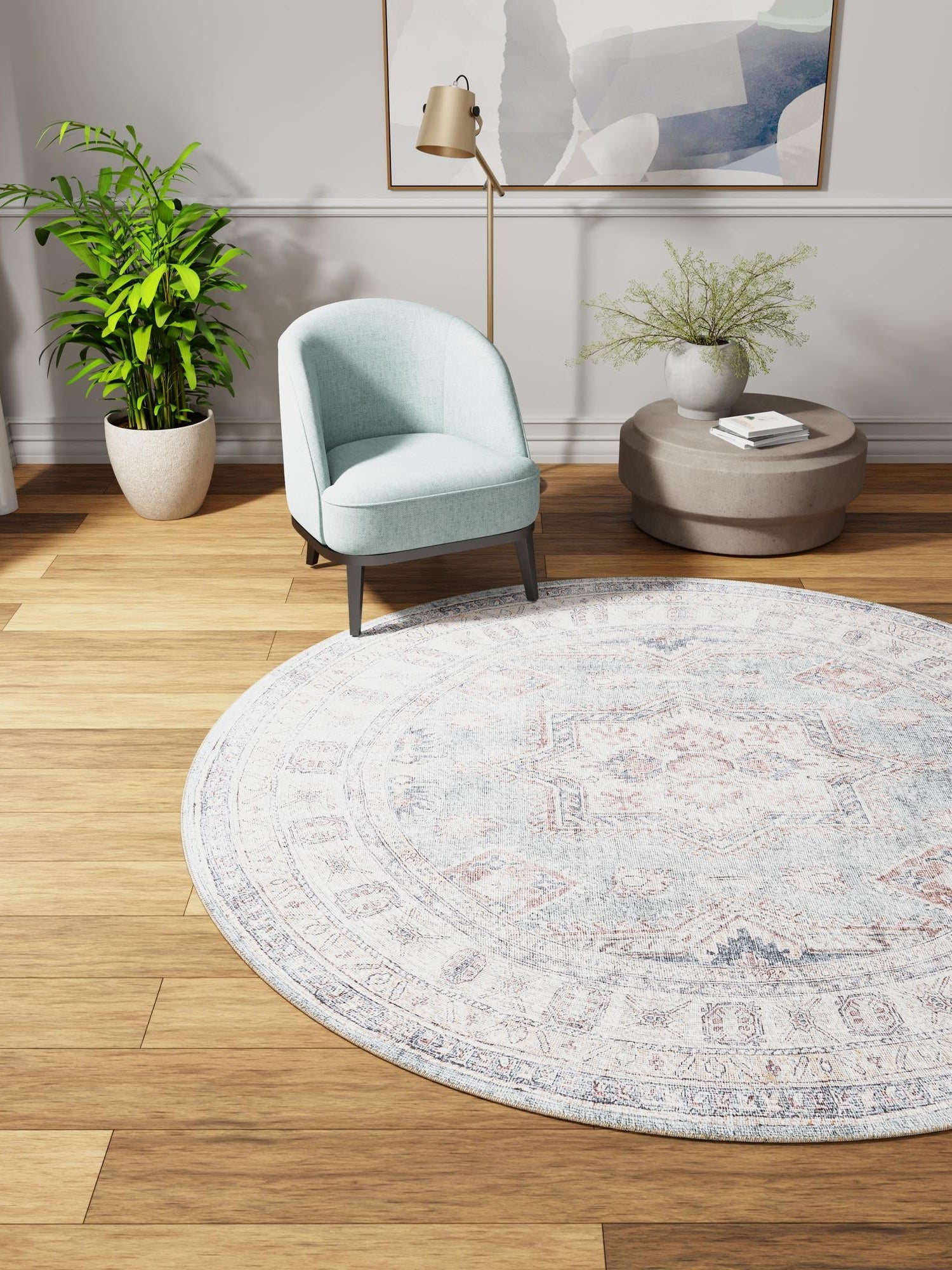 Washable Soft Green 3' 6 x 3' 6 Timeless Round Area Rug Easy to Clean Stain Resistant & Durable Traditional Classic Vintage Design Carpet for Sale at Rug Engine