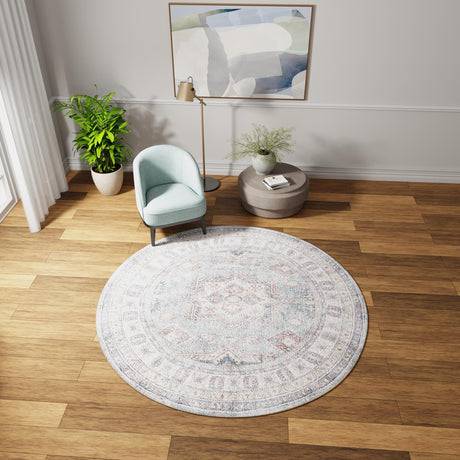 Washable Soft Green 5' 1 x 5' 1 Timeless Round Area Rug Easy to Clean Stain Resistant & Durable Traditional Classic Vintage Design Carpet for Sale at Rug Engine