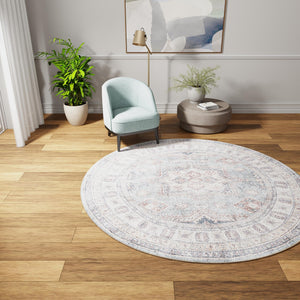 Washable Soft Green 5' 1 x 5' 1 Timeless Round Area Rug Easy to Clean Stain Resistant & Durable Traditional Classic Vintage Design Carpet for Sale at Rug Engine