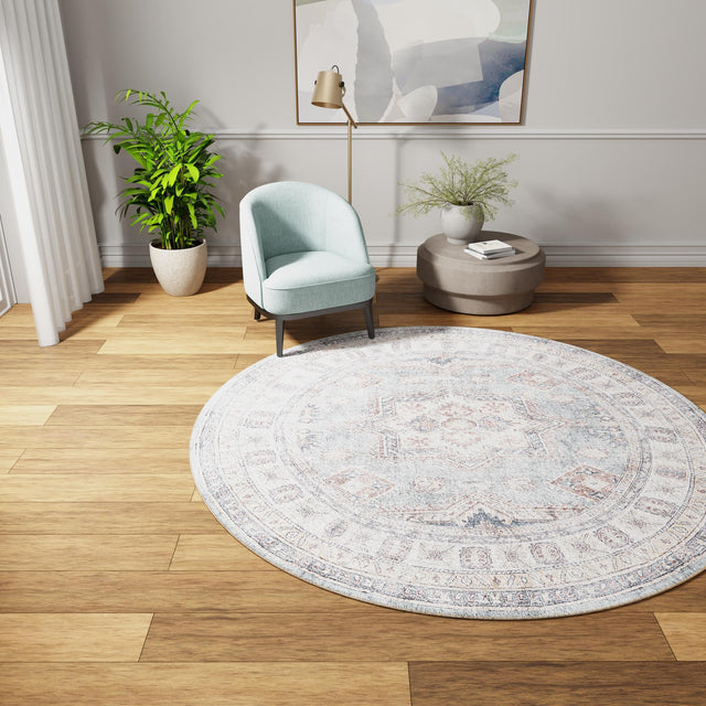 Washable Soft Green 5' 1 x 5' 1 Timeless Round Area Rug Easy to Clean Stain Resistant & Durable Traditional Classic Vintage Design Carpet for Sale at Rug Engine