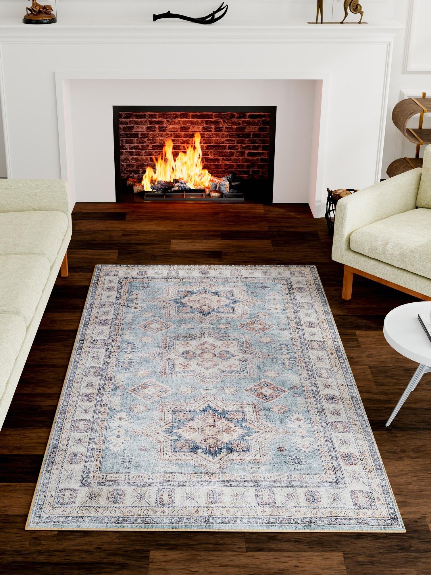 Washable Soft Green 6' 1 x 9' Timeless Rectangle Area Rug Easy to Clean Stain Resistant & Durable Traditional Classic Vintage Design Carpet for Sale at Rug Engine