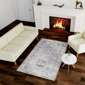 Washable Soft Green 5' 1 x 8' Timeless Rectangle Area Rug Easy to Clean Stain Resistant & Durable Traditional Classic Vintage Design Carpet for Sale at Rug Engine