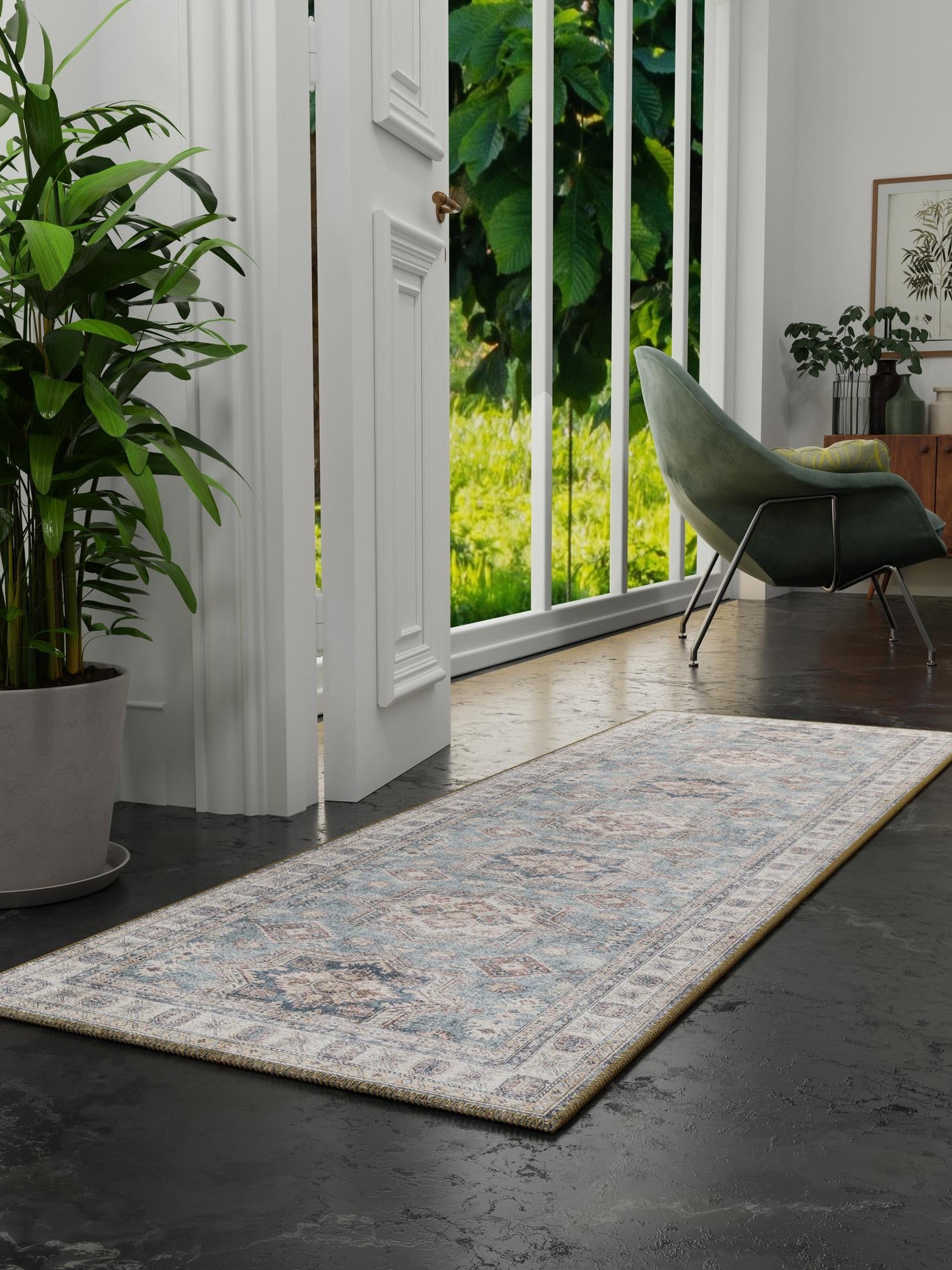 Washable Soft Green 2' x 6' 1 Timeless Runner Area Rug Easy to Clean Stain Resistant & Durable Traditional Classic Vintage Design Carpet for Sale at Rug Engine