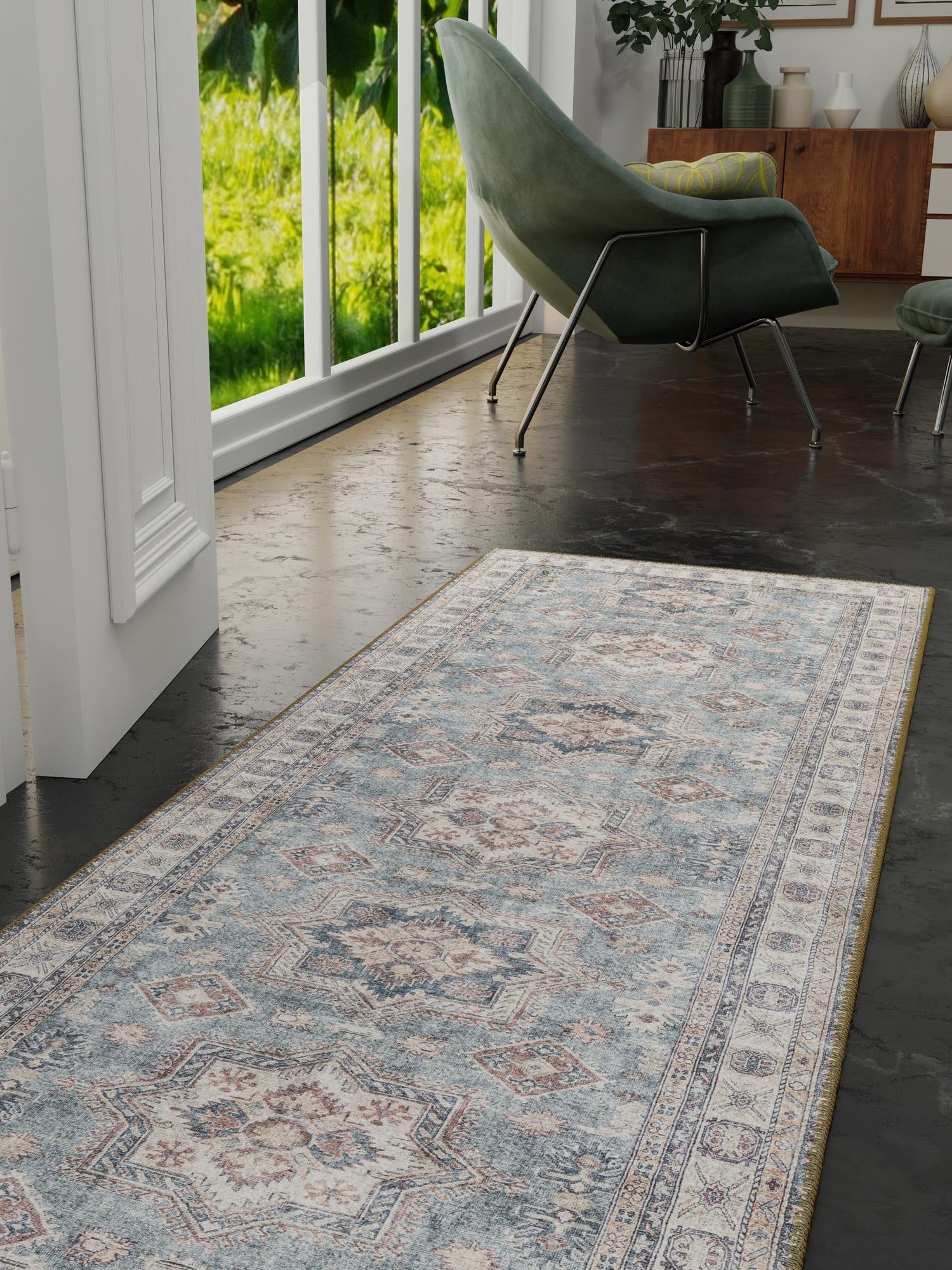 Washable Soft Green 2' 7 x 10' Timeless Runner Area Rug Easy to Clean Stain Resistant & Durable Traditional Classic Vintage Design Carpet for Sale at Rug Engine