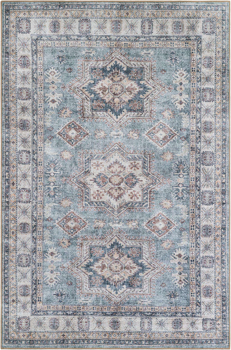 Washable Soft Green 6' 1 x 9' Timeless Rectangle Area Rug Easy to Clean Stain Resistant & Durable Traditional Classic Vintage Design Carpet for Sale at Rug Engine