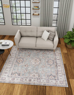 Washable Soft Green 7' 10 x 7' 10 Timeless Square Area Rug Easy to Clean Stain Resistant & Durable Traditional Classic Vintage Design Carpet for Sale at Rug Engine