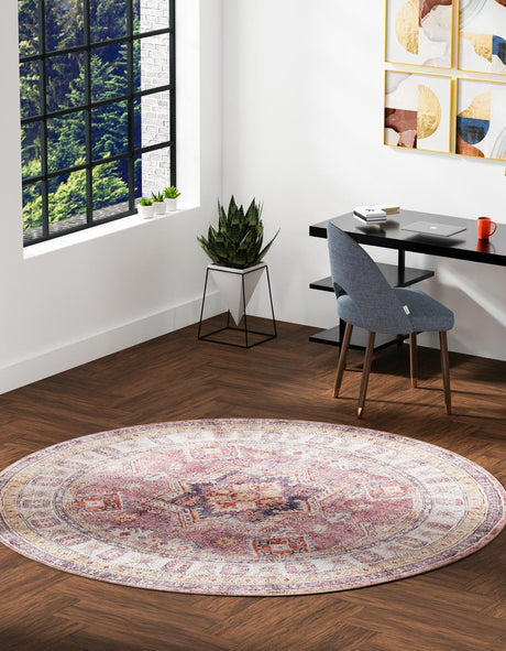Washable Antique Rose Pink 7' 10 x 7' 10 Timeless Round Area Rug Easy to Clean Stain Resistant & Durable Traditional Classic Vintage Design Carpet for Sale at Rug Engine