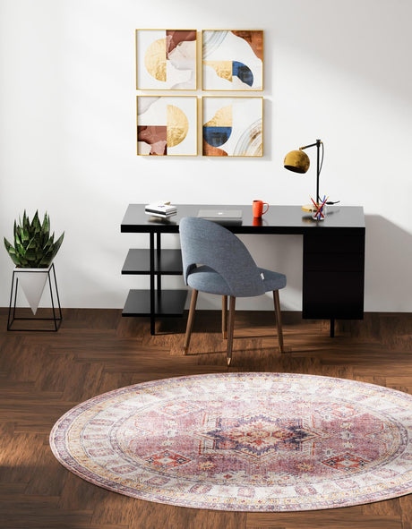 Washable Antique Rose Pink 7' 10 x 7' 10 Timeless Round Area Rug Easy to Clean Stain Resistant & Durable Traditional Classic Vintage Design Carpet for Sale at Rug Engine