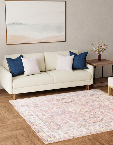 Washable Antique Rose Pink 7' 10 x 7' 10 Timeless Square Area Rug Easy to Clean Stain Resistant & Durable Traditional Classic Vintage Design Carpet for Sale at Rug Engine
