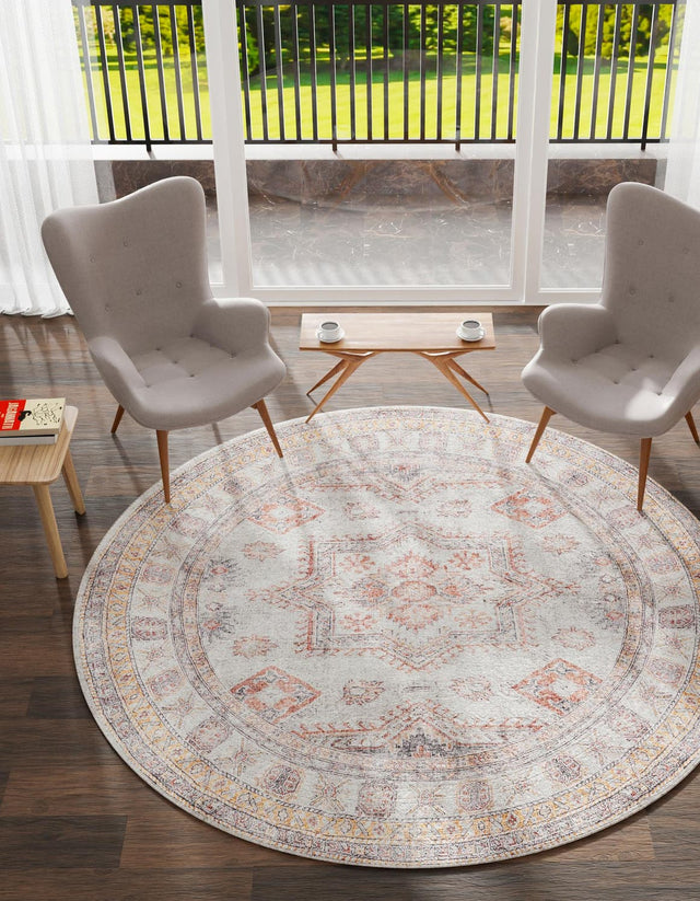 Washable Ivory 2' x 2' Timeless Round Area Rug Easy to Clean Stain Resistant & Durable Traditional Classic Vintage Design Carpet for Sale at Rug Engine