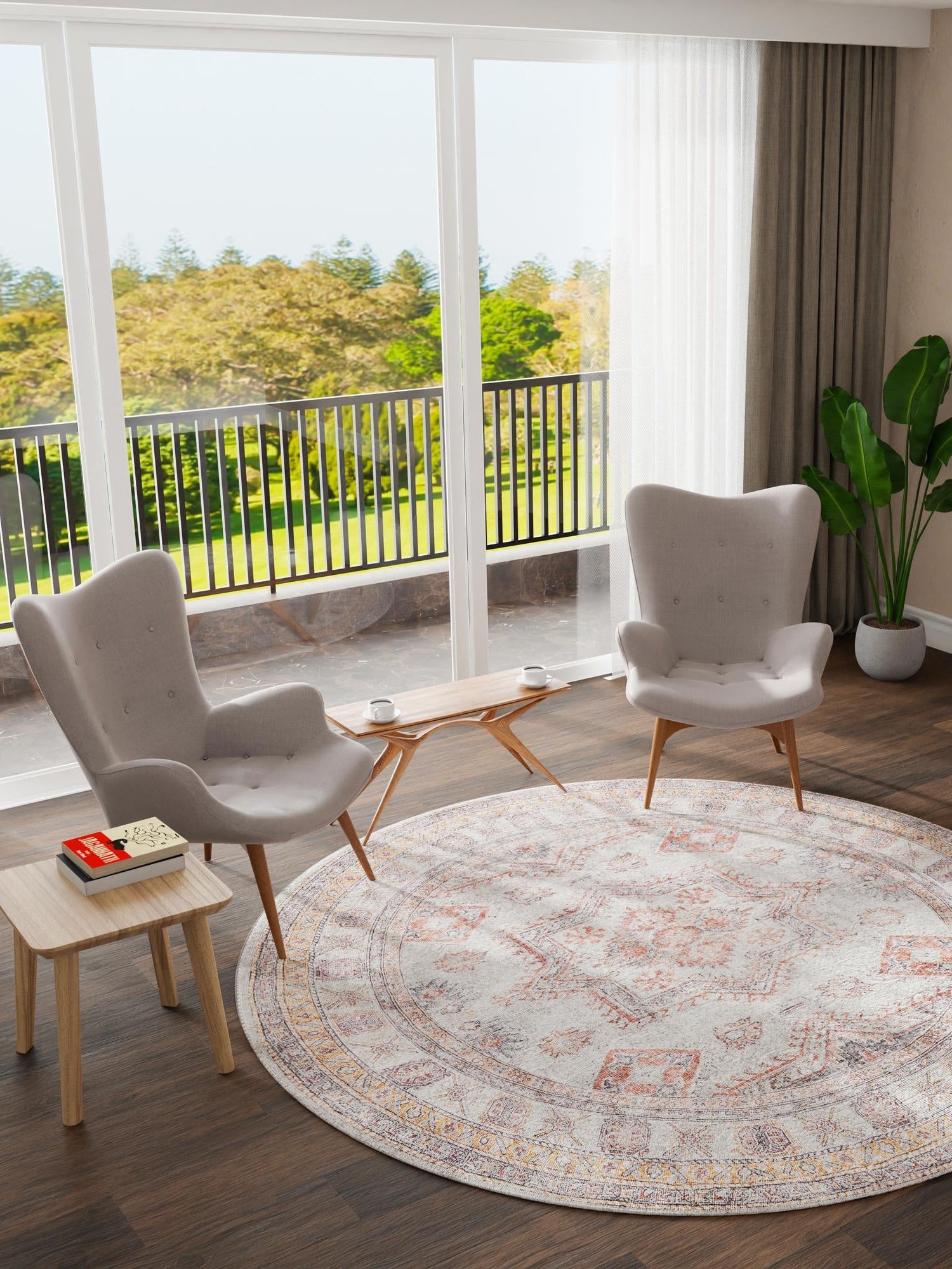 Washable Ivory 2' x 2' Timeless Round Area Rug Easy to Clean Stain Resistant & Durable Traditional Classic Vintage Design Carpet for Sale at Rug Engine