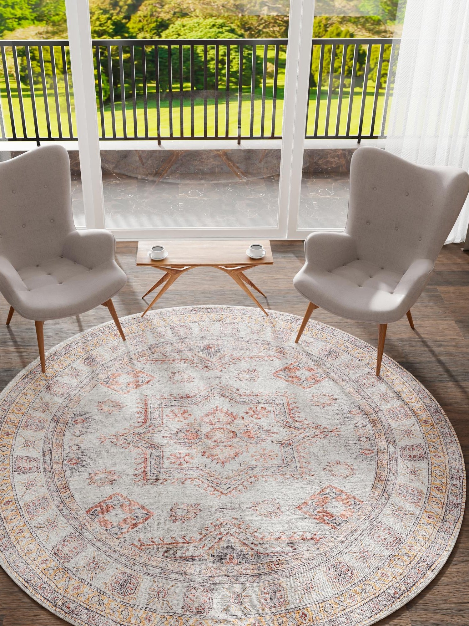 Washable Ivory 3' 6 x 3' 6 Timeless Round Area Rug Easy to Clean Stain Resistant & Durable Traditional Classic Vintage Design Carpet for Sale at Rug Engine