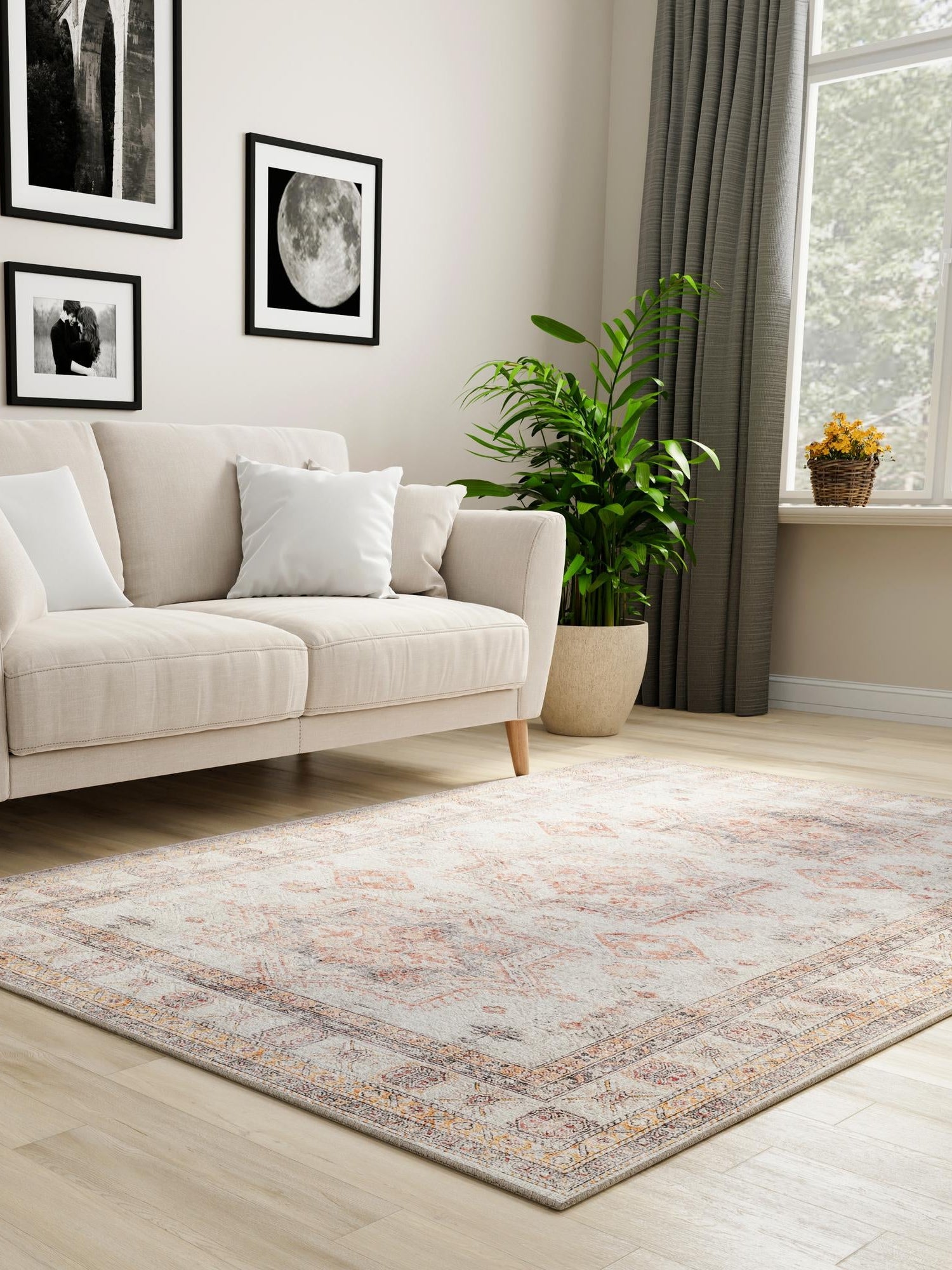 Washable Ivory 6' 1 x 9' Timeless Rectangle Area Rug Easy to Clean Stain Resistant & Durable Traditional Classic Vintage Design Carpet for Sale at Rug Engine