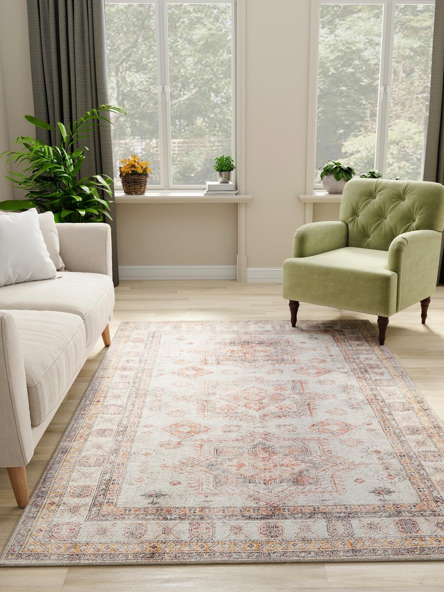 Washable Ivory 2' x 3' 1 Timeless Rectangle Area Rug Easy to Clean Stain Resistant & Durable Traditional Classic Vintage Design Carpet for Sale at Rug Engine