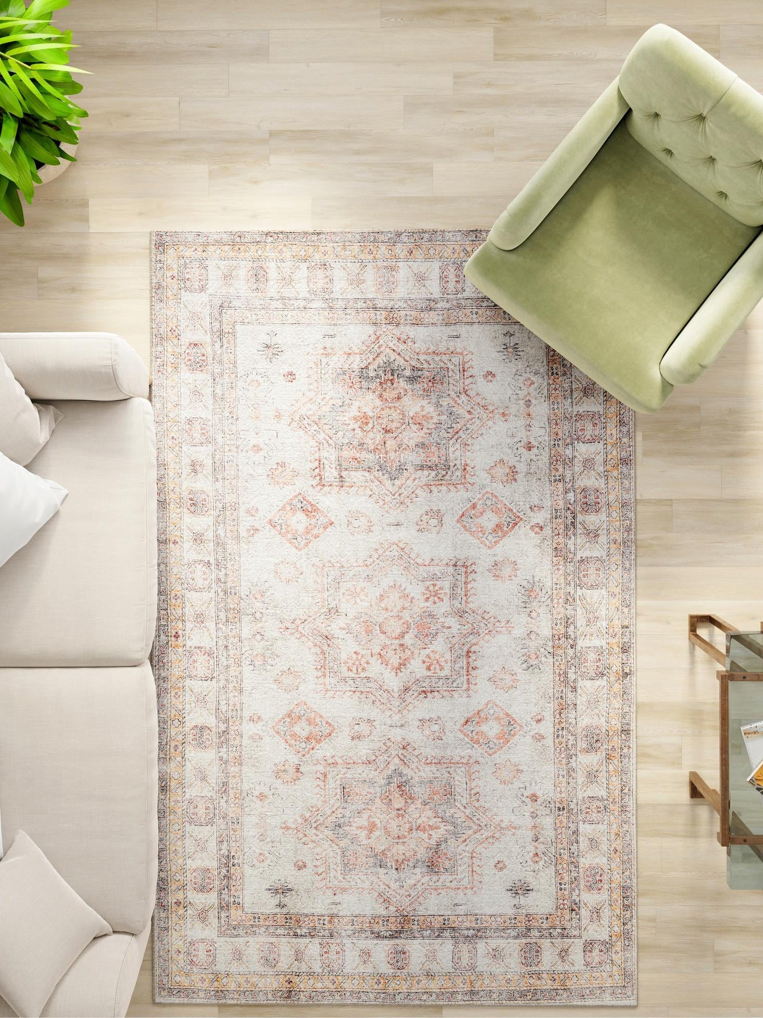 Washable Ivory 6' 1 x 9' Timeless Rectangle Area Rug Easy to Clean Stain Resistant & Durable Traditional Classic Vintage Design Carpet for Sale at Rug Engine